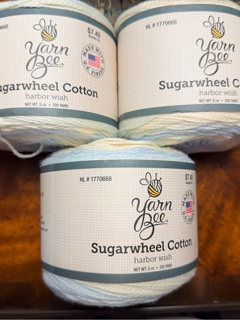3  skeins of Yarn Bee Sugarwheel Cotton Yarn - Harbor Wash - Pastel Cream & Blue